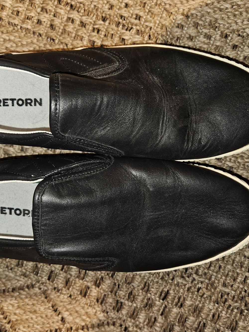Tretorn Black Leather Slip-On Flats with White Sole